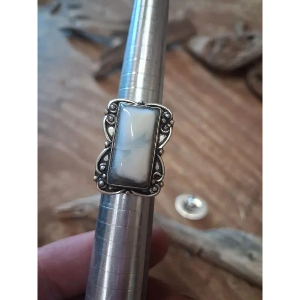 Size 6.25 white Dendritic opal boho artisan made ring